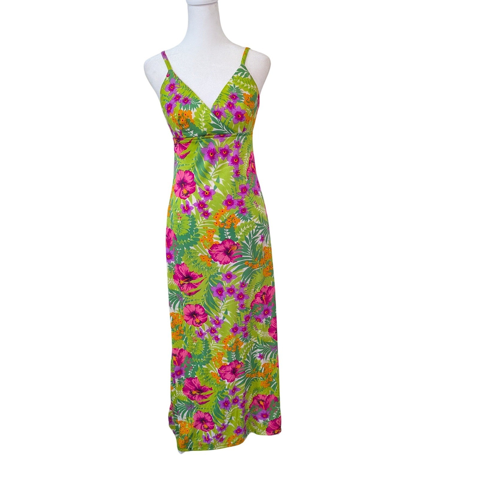 Vintage Jack Hartley 70s Tropical Floral Maxi Dress Green Pink Small