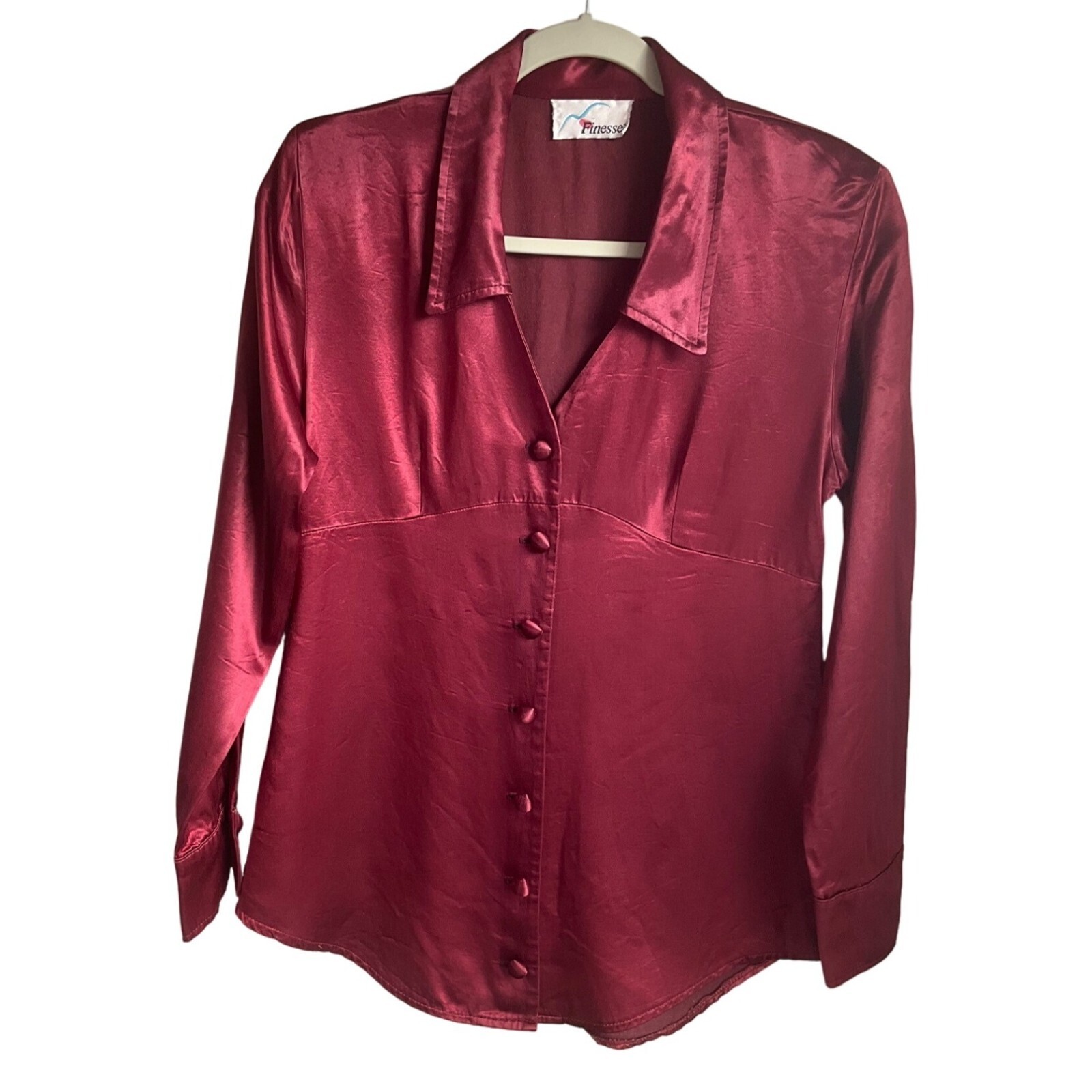 Vintage Finesse Small/Med Button Down Baby doll shirt Burgundy Collar Y2K Satin