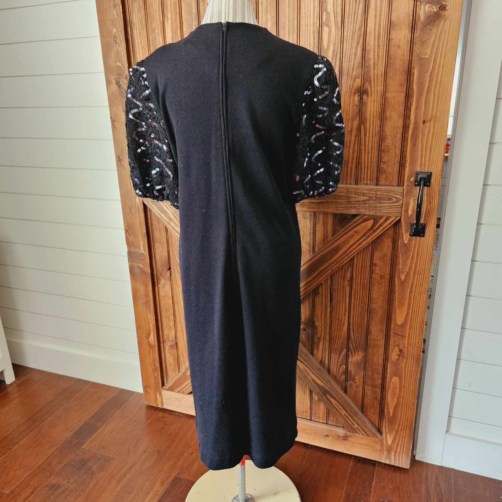 Vintage Leslie Fay Black Knit Sweater Layer Puff Sequin Sleeves Sz 16 (F2)