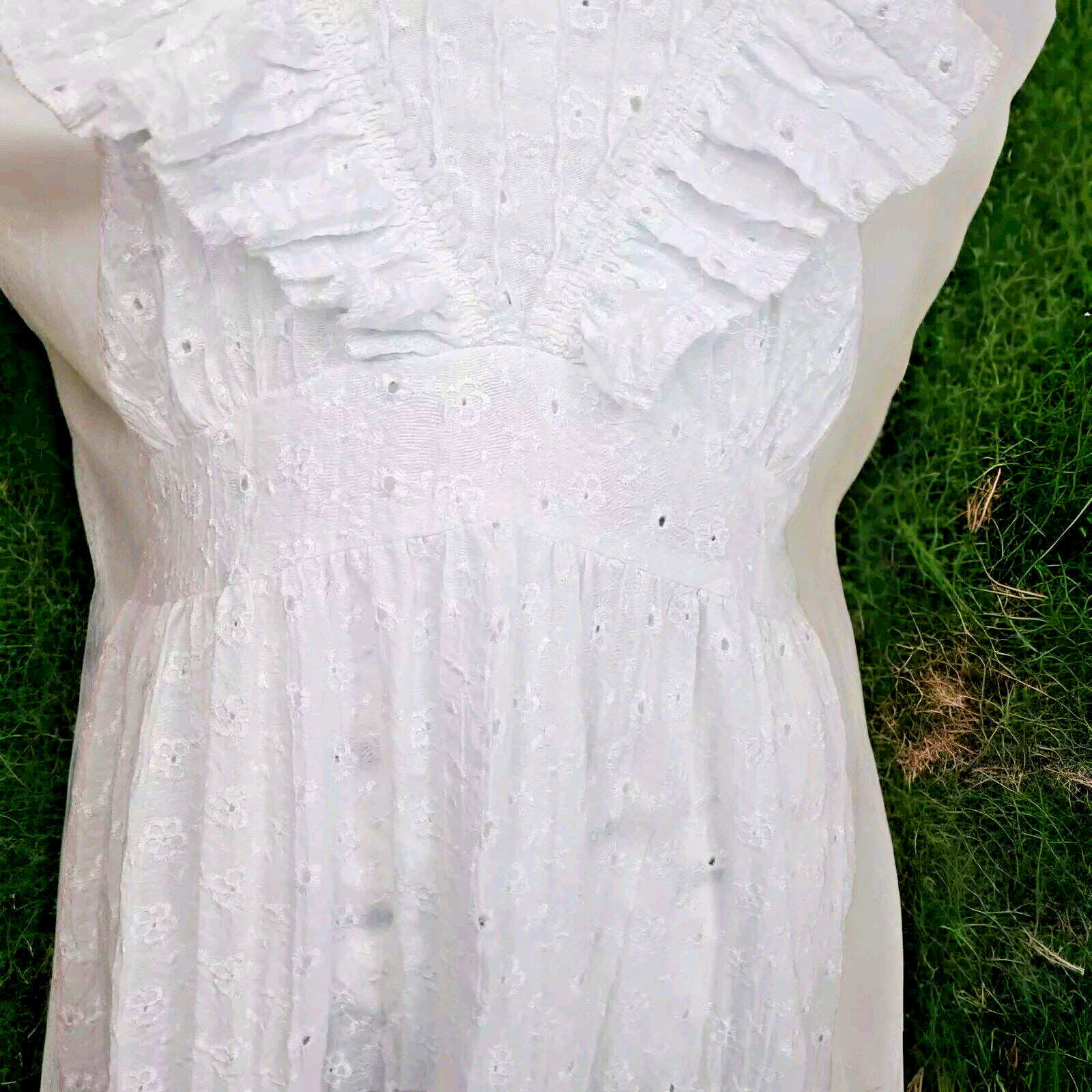 Vtg Eyelet Lace Ruffle Bow Pinafore Midi Dress Sz M White Cottagecore Coquette