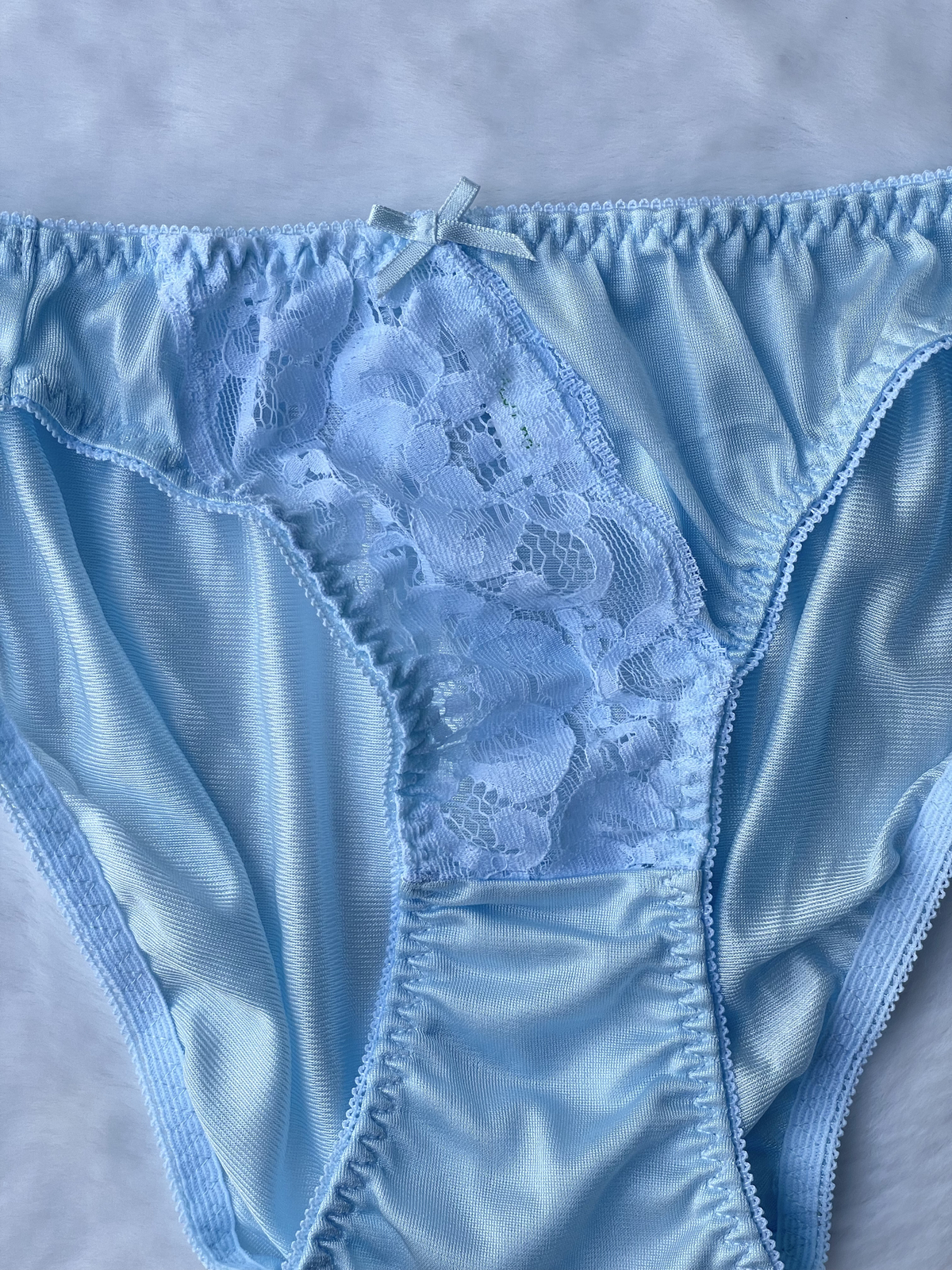 Vtg Slippery Powder Blue Nylon Panty Sheer Lace Hi Cut Briefs SZ.5-6 Hip 35-38″