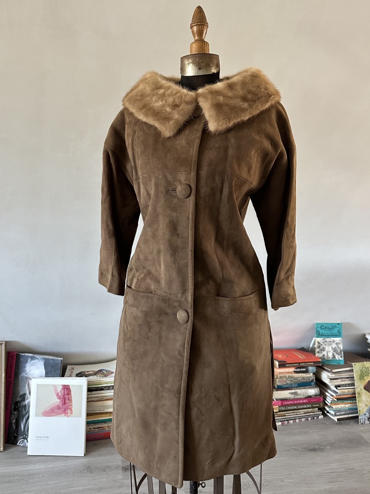 1950s 60s Vintage Handmade Brown Suede Leather Mink Collar Women’s Coat sz Small