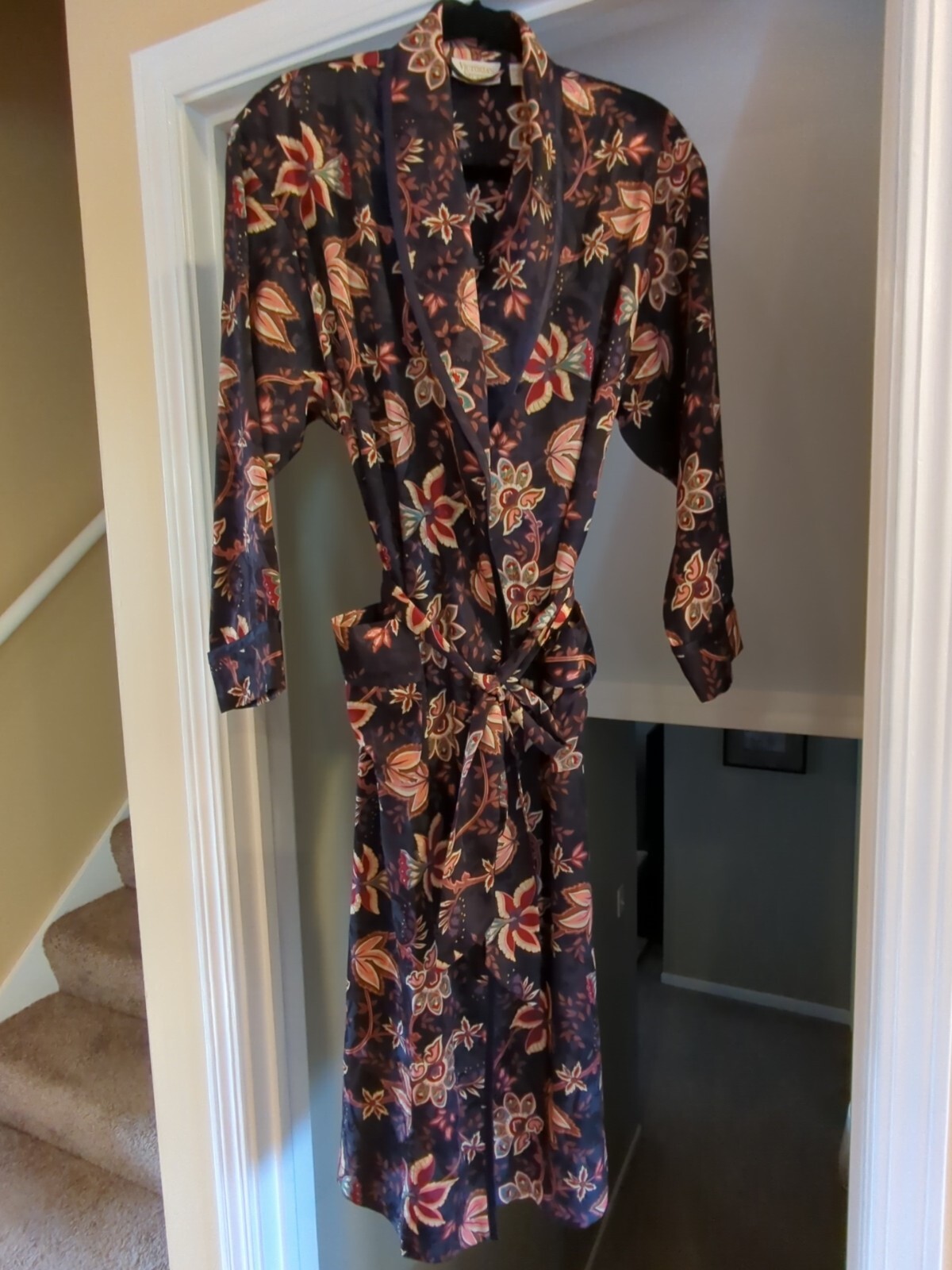 Vintage Victoria’s Secret Gold Label Navy Blue Floral Long Night Robe Size P/S