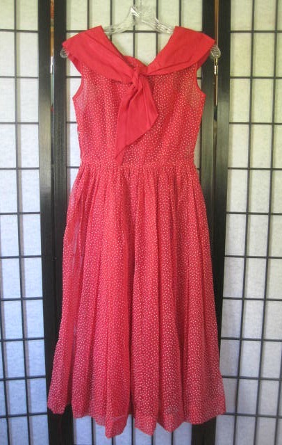 Vintage 1950s Sheer Dress Red White Swiss Dots Sailor Look Rhinestones 32 XS S