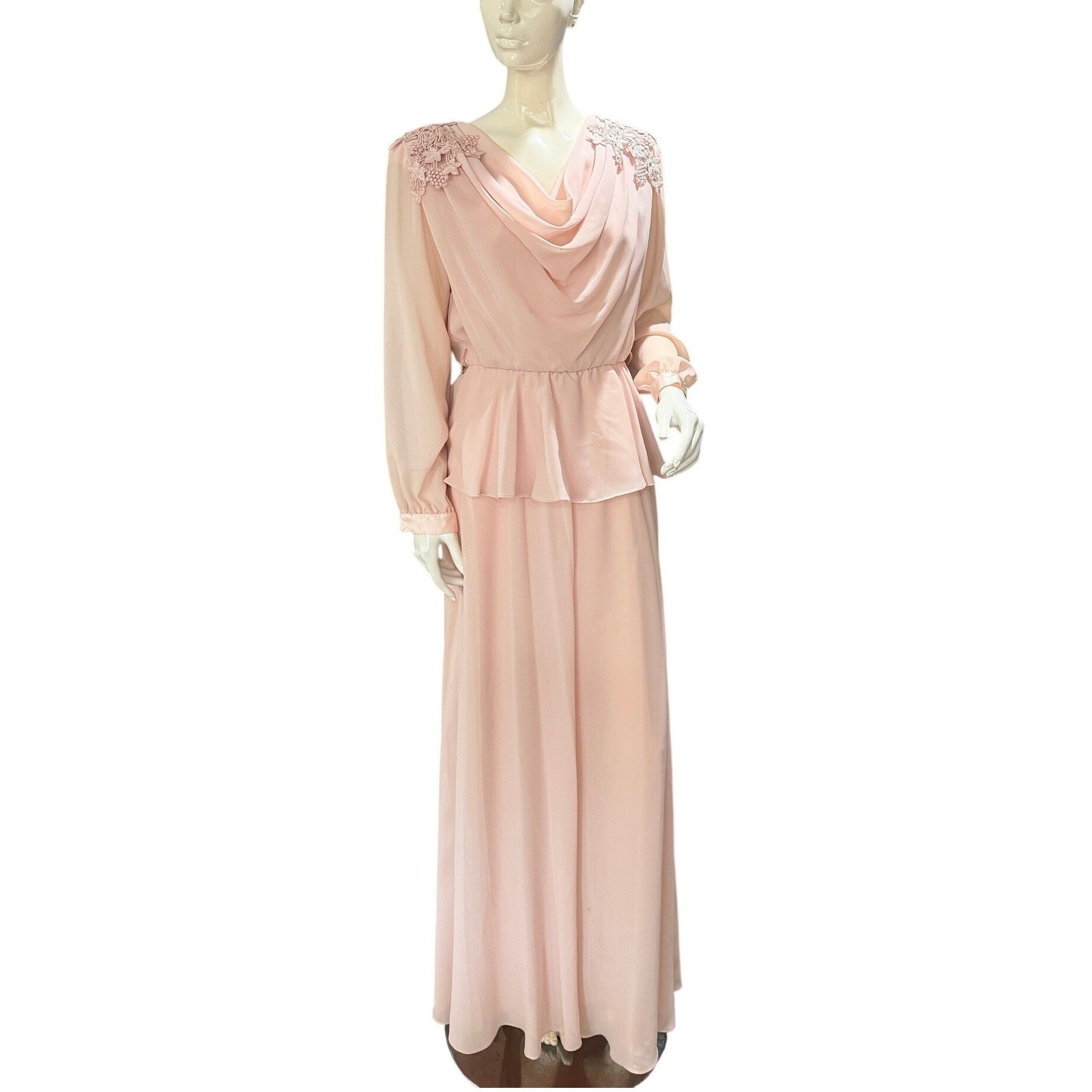 Ursula of Switzerland Pink Chiffon Maxi Dress Lace Pearl Peplum 7/8