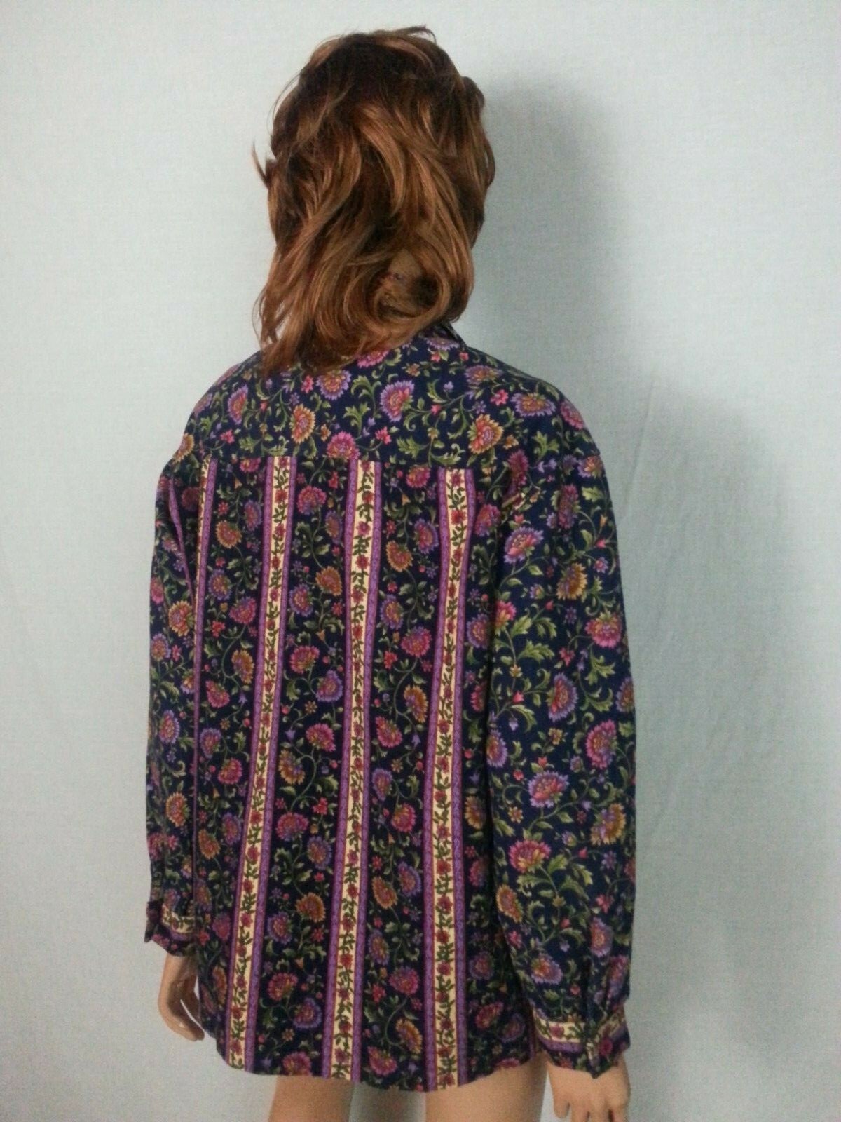 Vtg 70 80s Hand Made Blouse Top Button Down Blue Floral Long Sleeve Hippie L