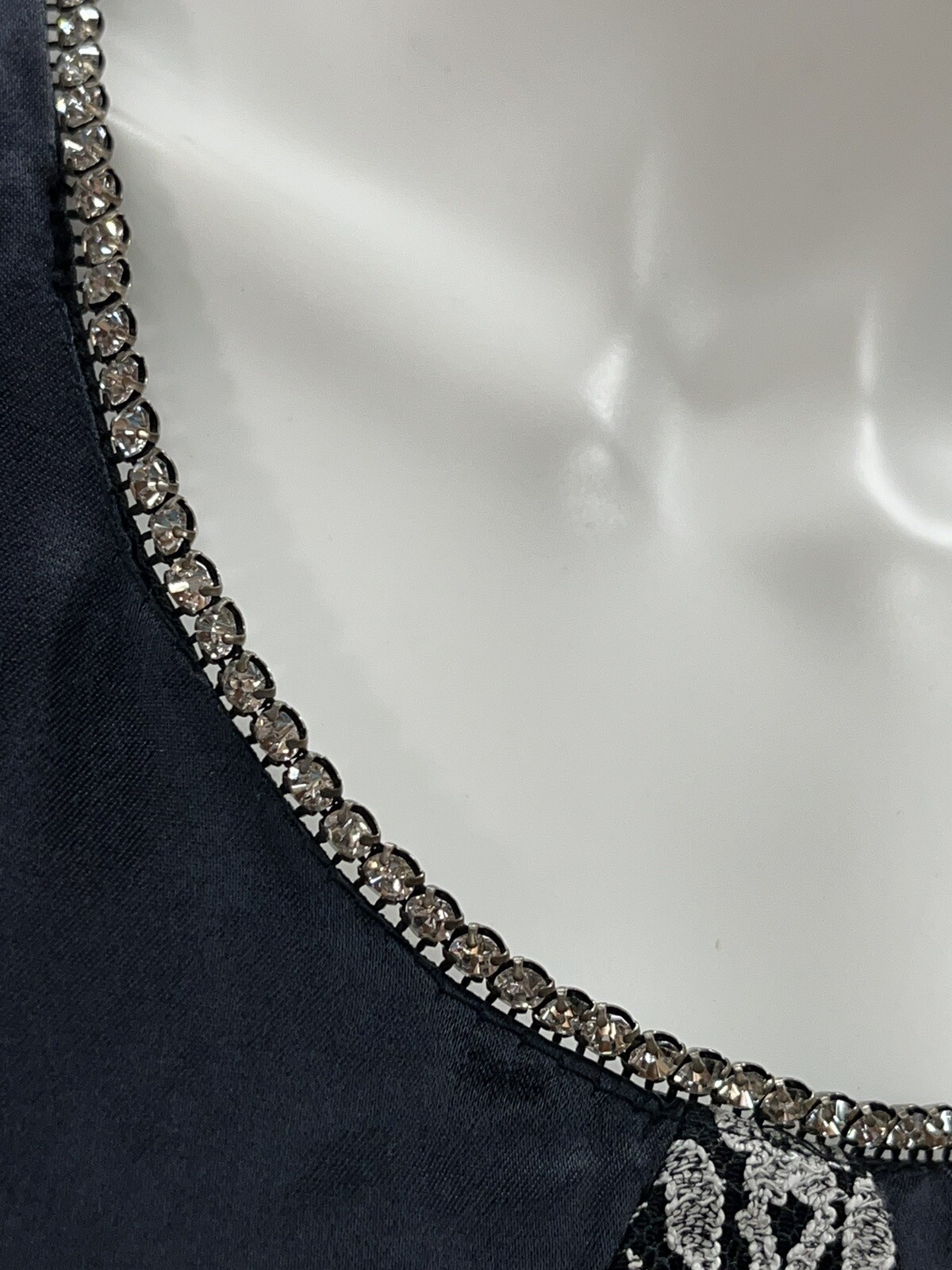 Vintage Spencer Alexis SA 2 Navy Black Dress Rhinestone Accents Satin Crepe 4
