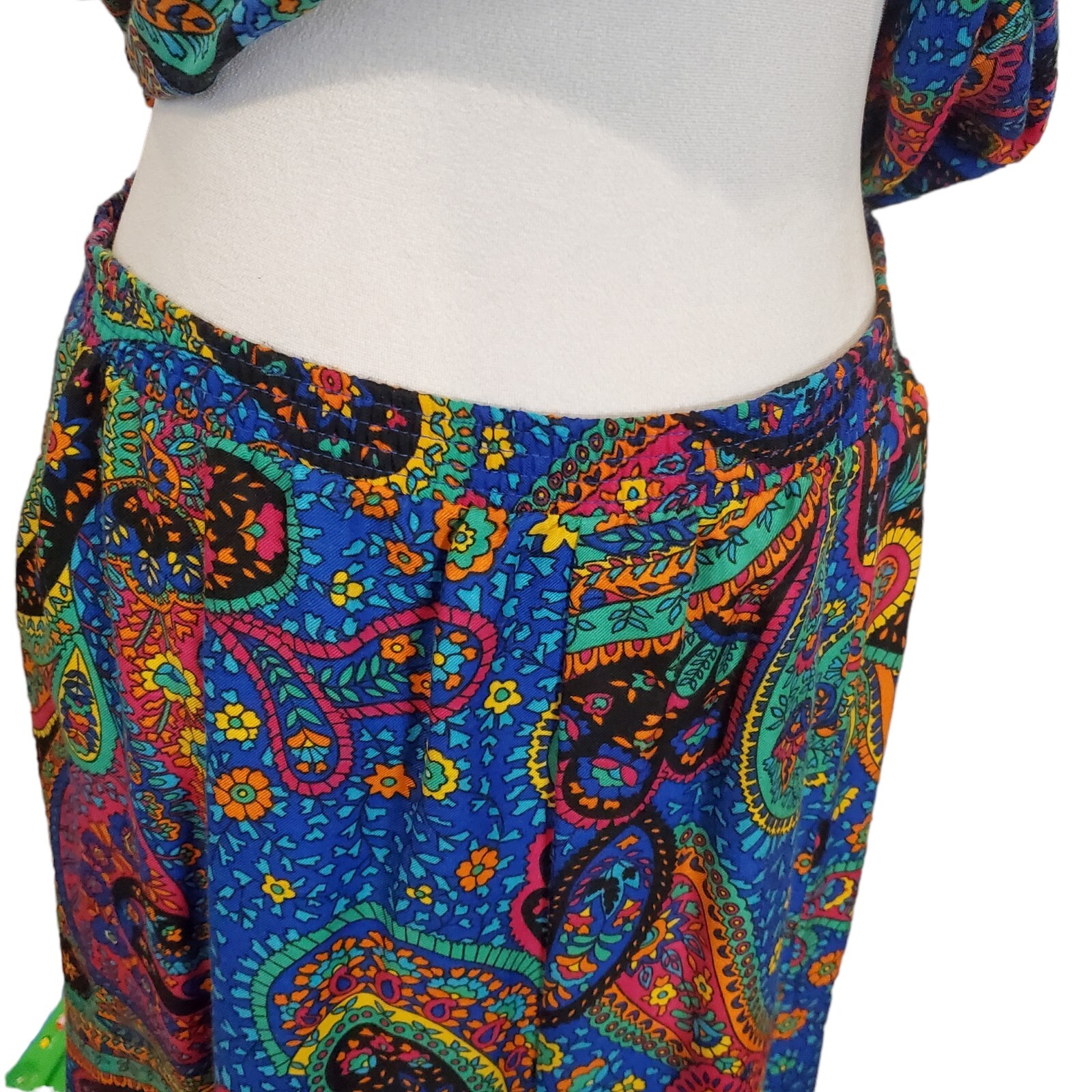 Vintage 70s Colorful Paisley Midi Skirt Set Sz Large Blue Short Sleeve Retro