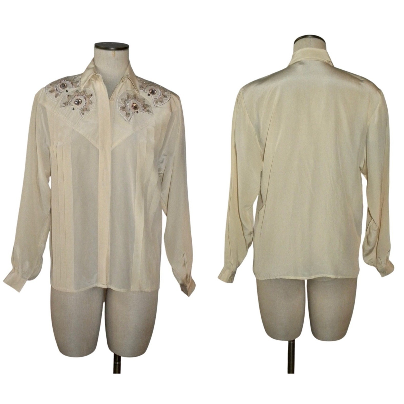 Vintage 80s Ivory Silk Tuxedo Blouse Beaded Rhinestone Appliqué Hidden Placket