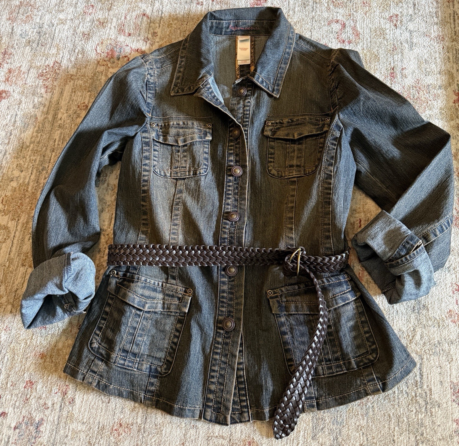 Vintage TapeMeasure Denim Jacket Belted Stretchy Blue Brown Pockets Women 10 EUC