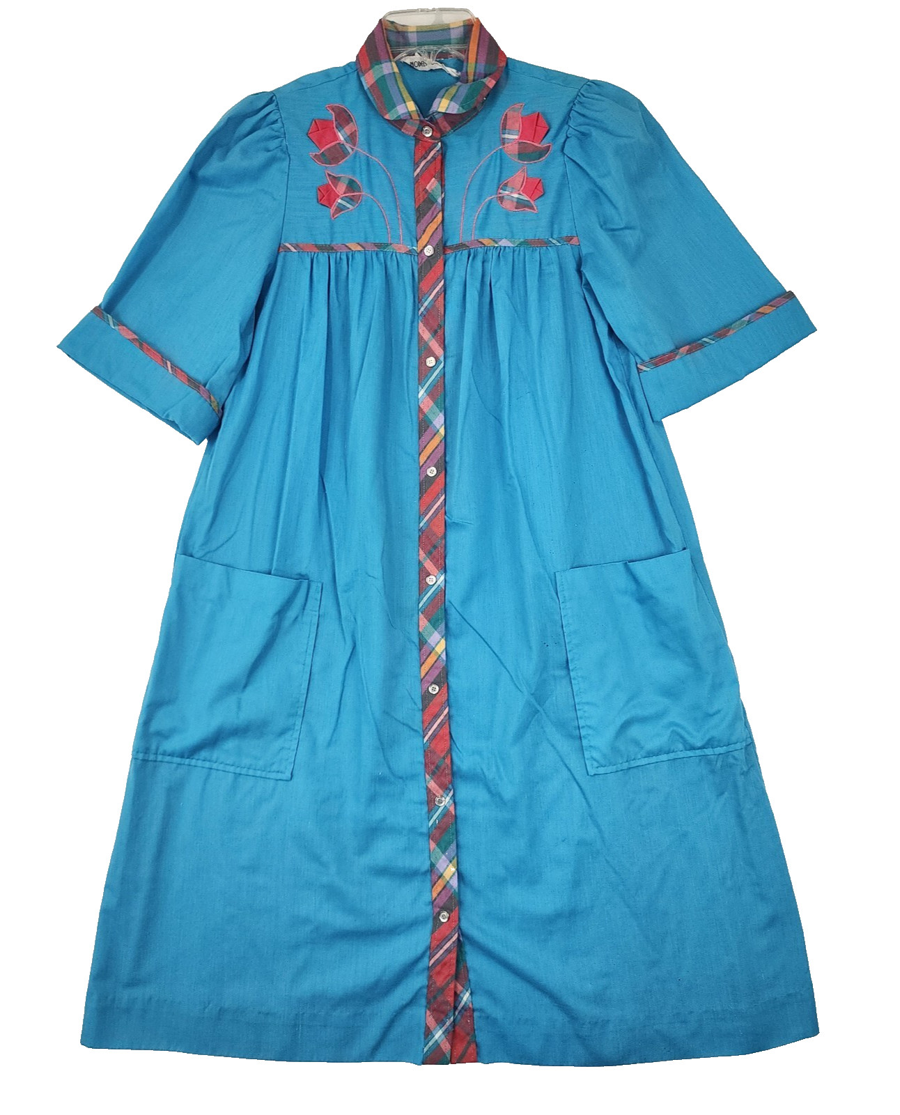 Vintage Models Coat Womens Duster Dress Blue Plaid Trim Floral Applique #1888