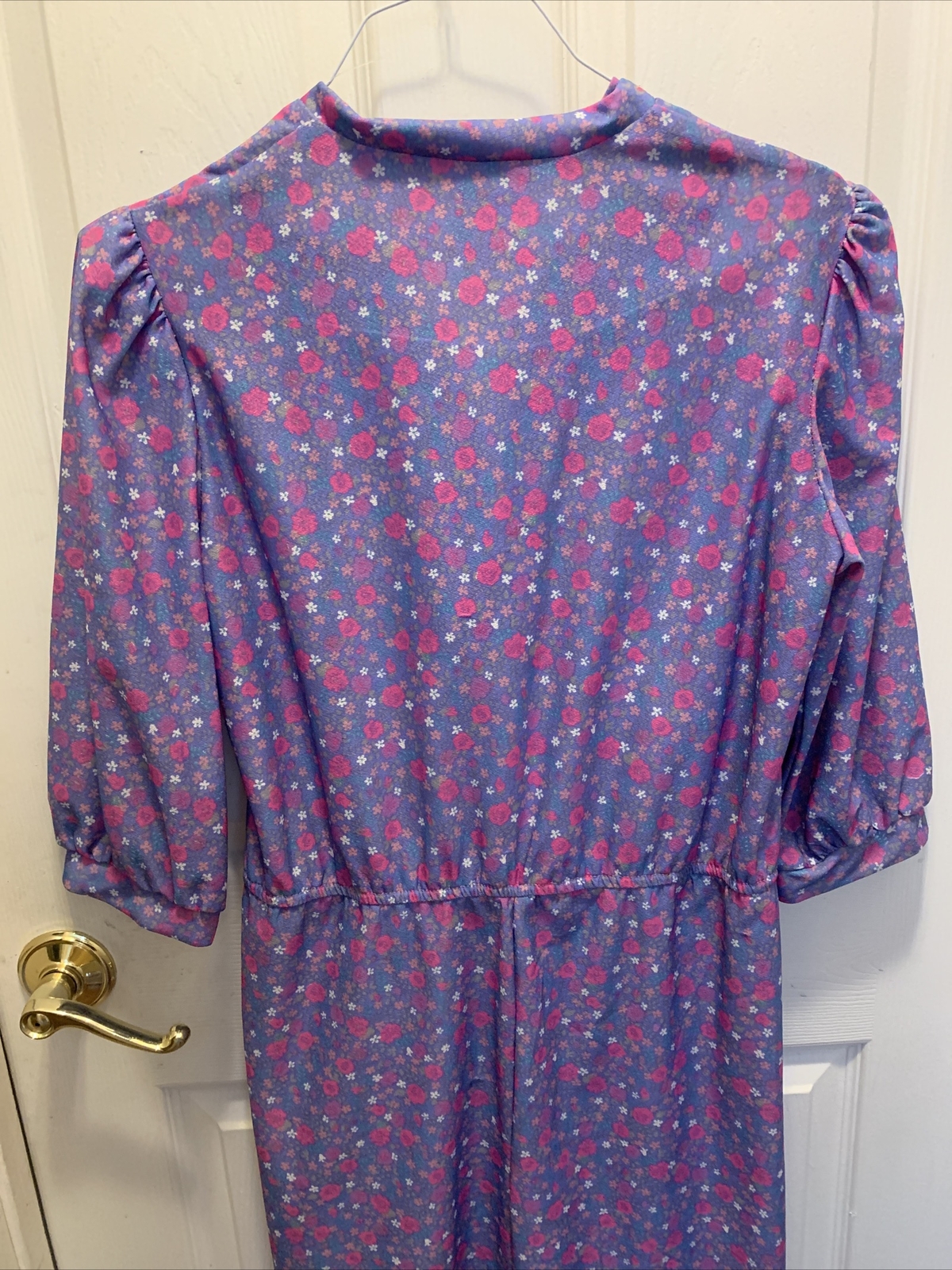 VINTAGE JSE CALIFORNIA 70’S PURPLE FLORAL PUFFY SLEEVE BELTED DRESS NECK TIE 8