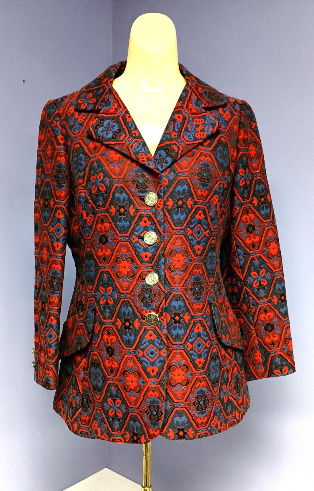Vintage 60’s-70’s Alaron Ltd Red and Blue Brocade Floral Patterned Blazer Medium