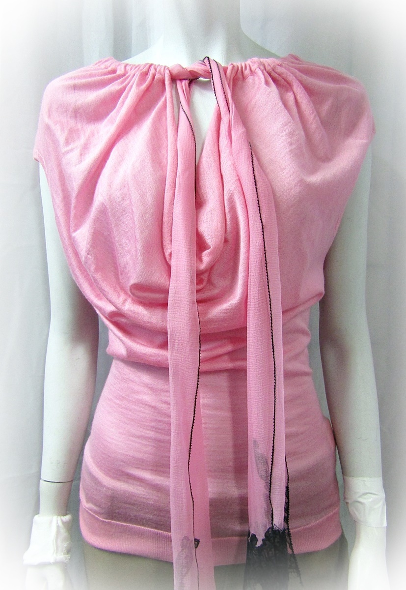 NINA RICCI Top Pink Cashmere Silk Tie Lace Blouse Medium 38 4 US Vintage NEW