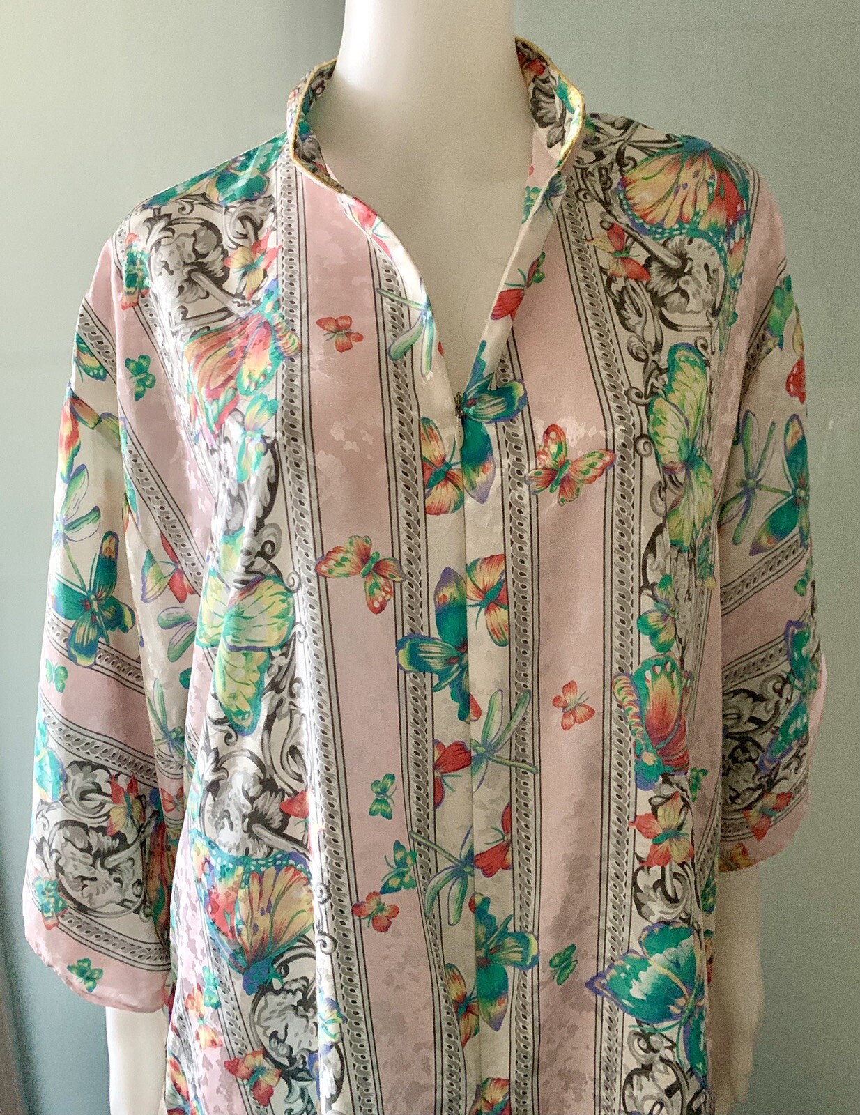 Vintage 70s Ruth Norman Pink Caftan Butterfly Dragonfly Loungewear L/ XL