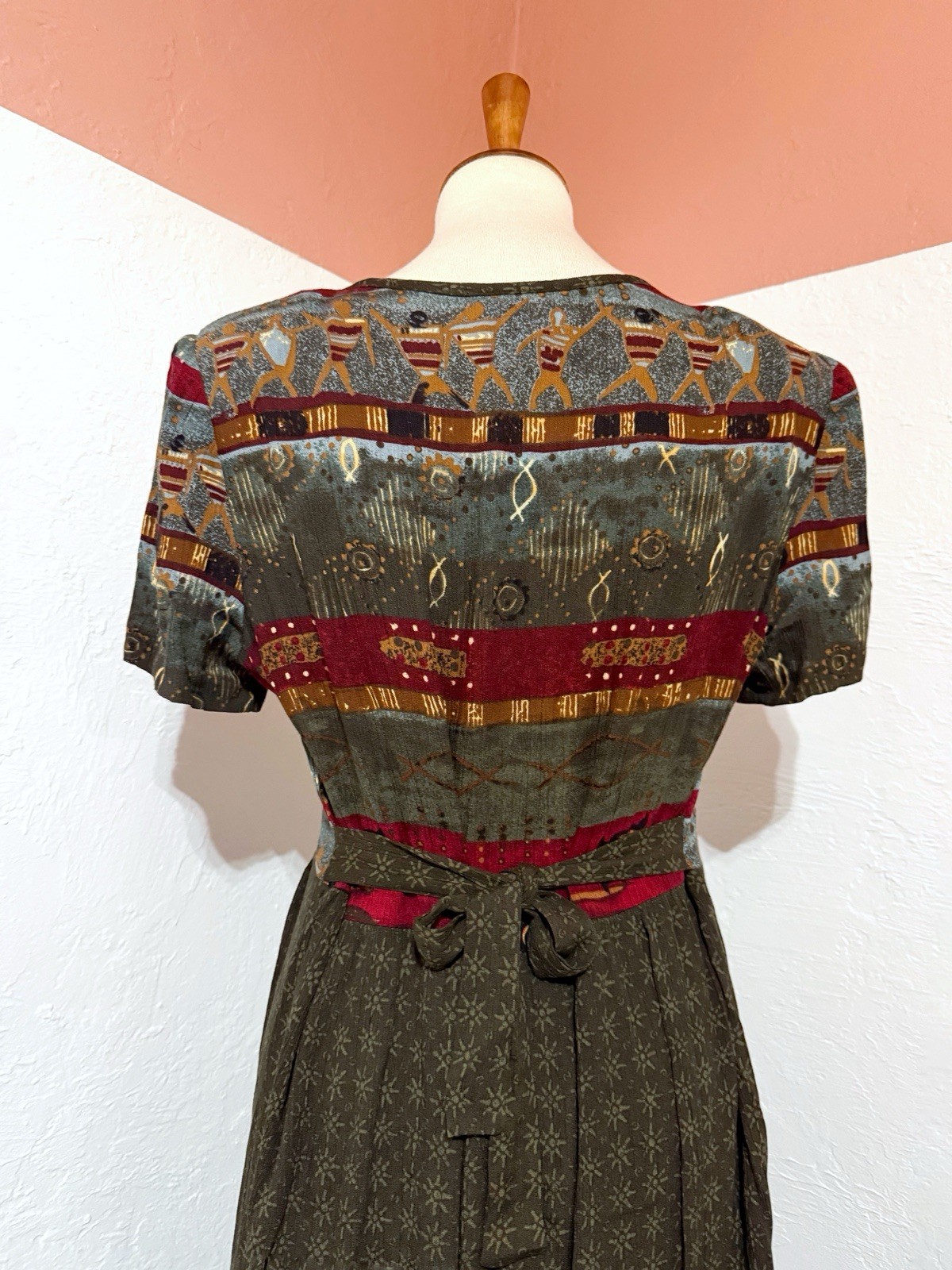 VTG 90s Just In Thyme Petite Art Womens Midi Dress Short Sleeves Back Tie Sz 12P