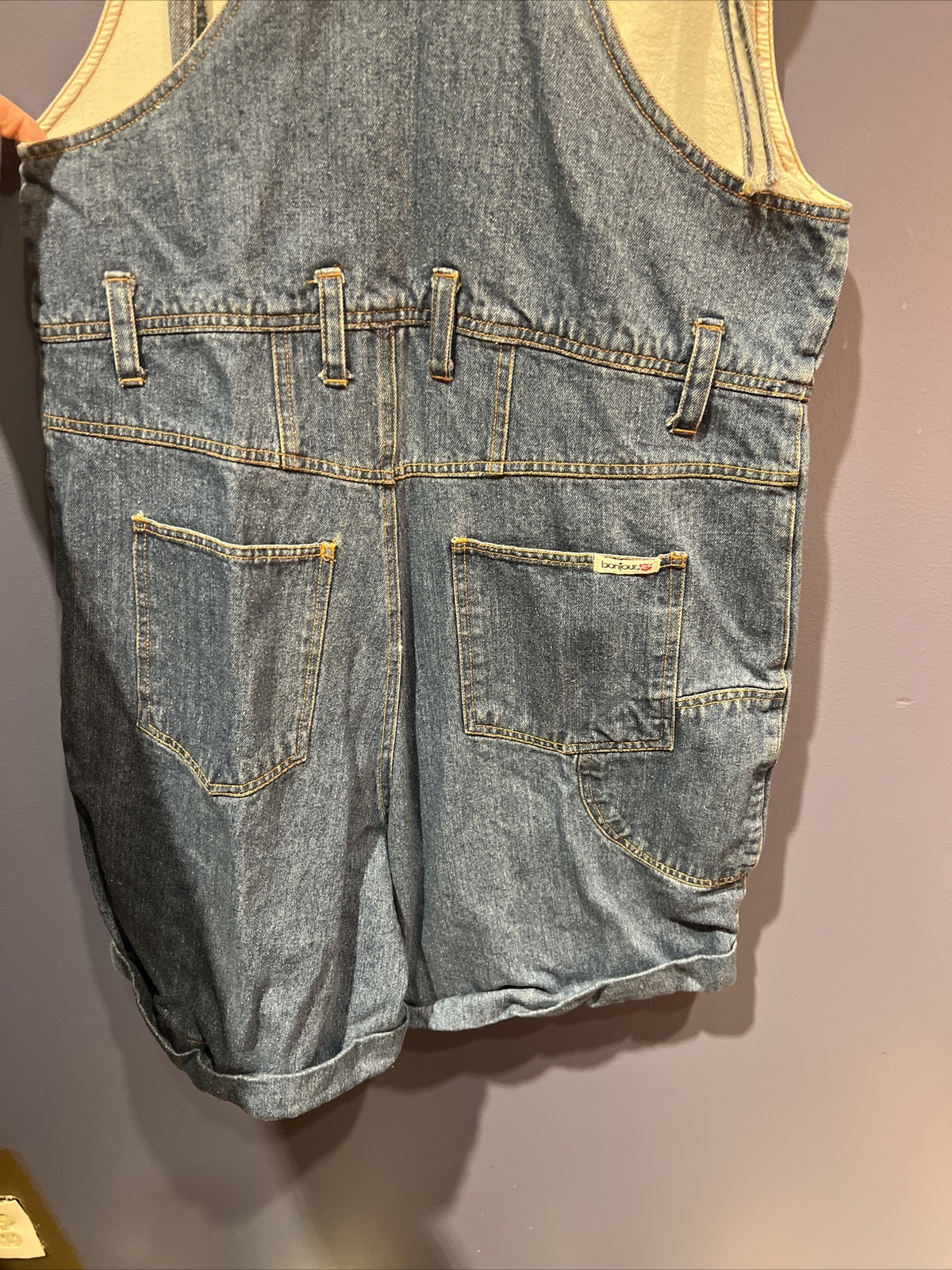Large Bib 80s BONJOUR denim overall shorts cotton button Romper cuffed pockets