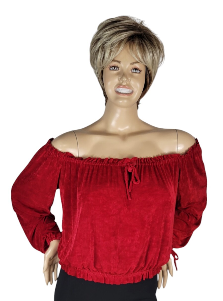 Vintage Banjo Dallas Tx Red Slinky Stretch Ruffle & Tie Cropped Top Blouse XL