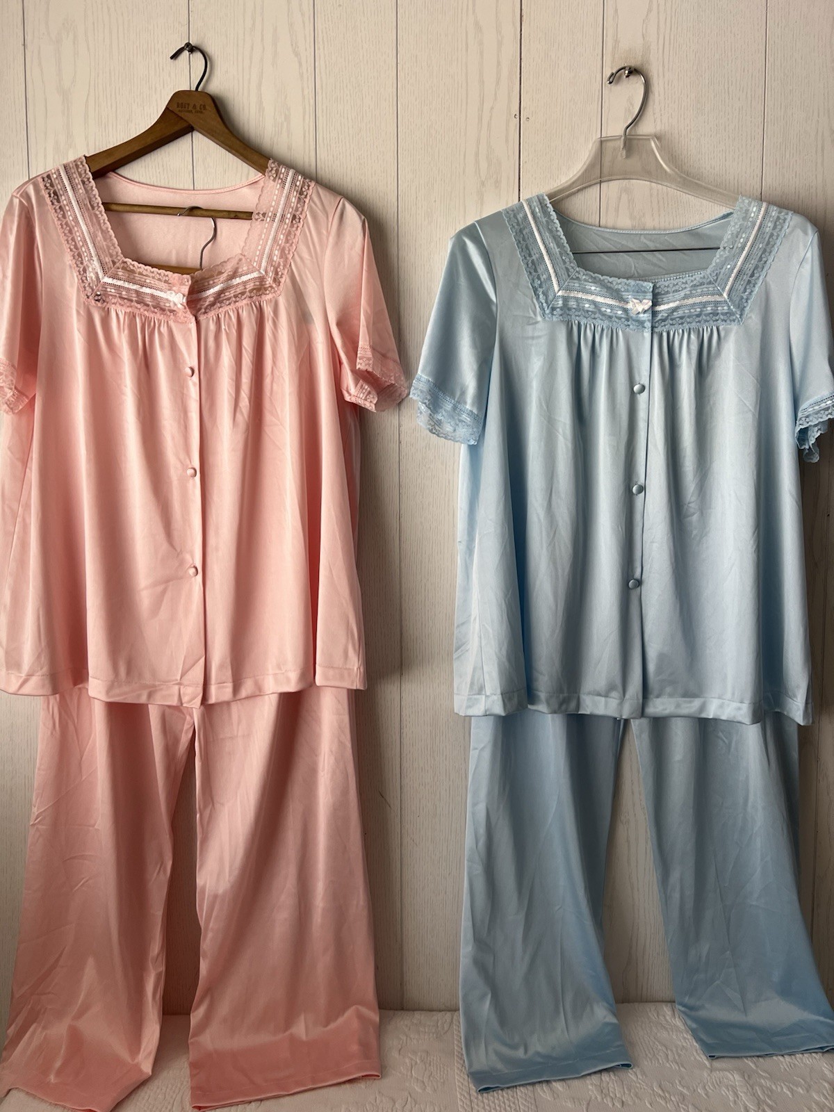 Lot Of 2 VANITY FAIR Vintage Pajama Sets Soft Pink & Blue Pants + Top All Nylon