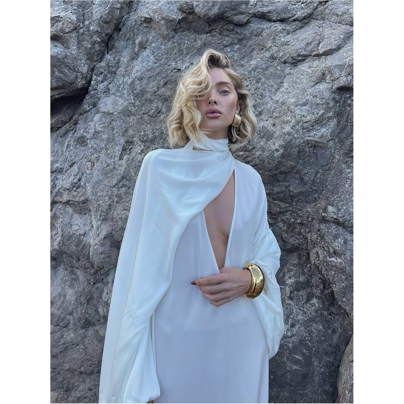 Elegant White Silk Plunging Maxi Dress with Dramatic Sleeves