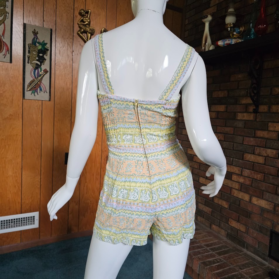 Vtg 50s Pinup Romper Playsuit Pastel Stripe Bombshell Swimsuit Bathing Suit S