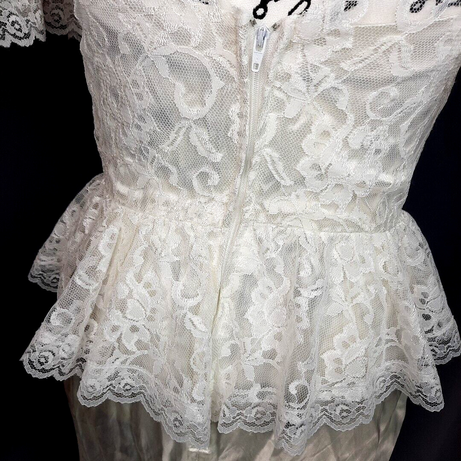 Vtg Diamonds Run Lace Puff Sleeve Peplum Satin Midi Dress Size 8 White Coquette