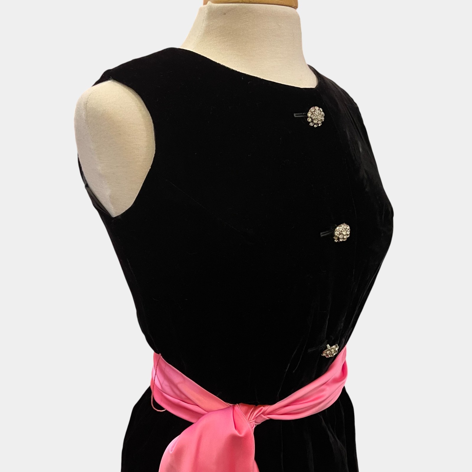 Vintage Carol Brent Black Velvet Dress Pink Satin Sash Rhinestone Buttons NOS