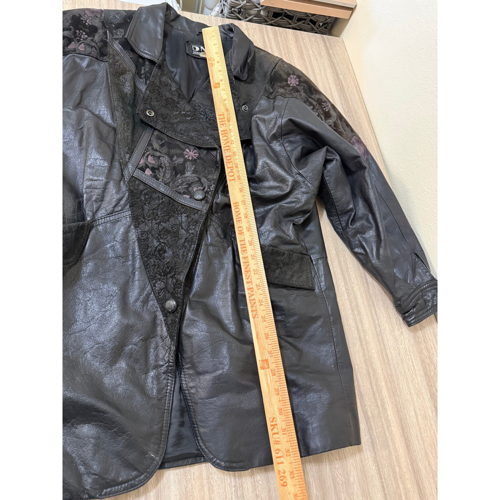 Vintage DNK Design Leather Women Jacket S Black Floral Lace Retro 80s Goth