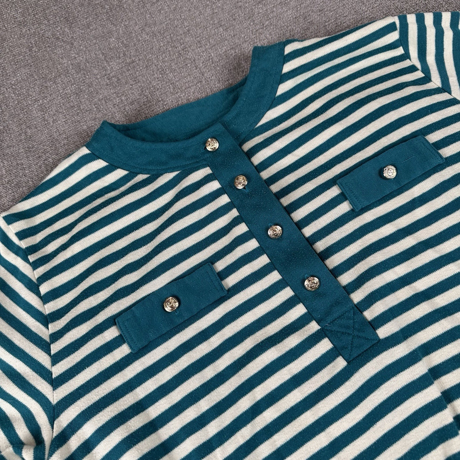 Vintage Country Suburbans Women’s Short Sleeve Sweater Small Teal Striped