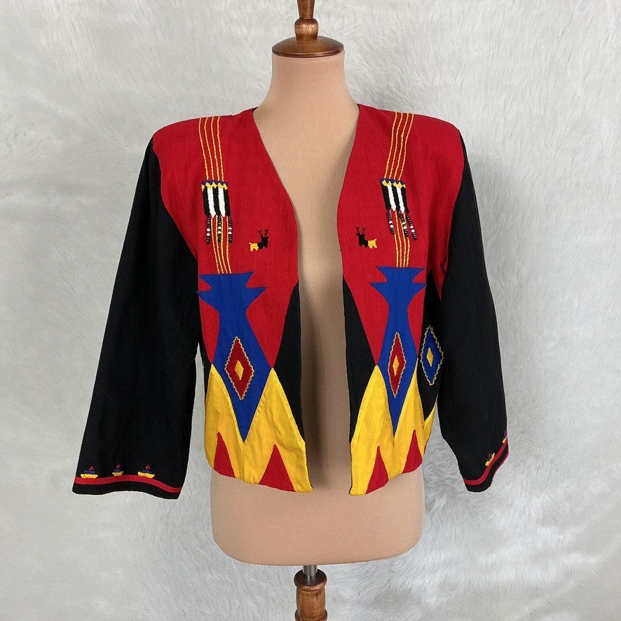 Vintage 80s Southwestern Red Black Yellow Blue Beaded Embroidered Jacket S