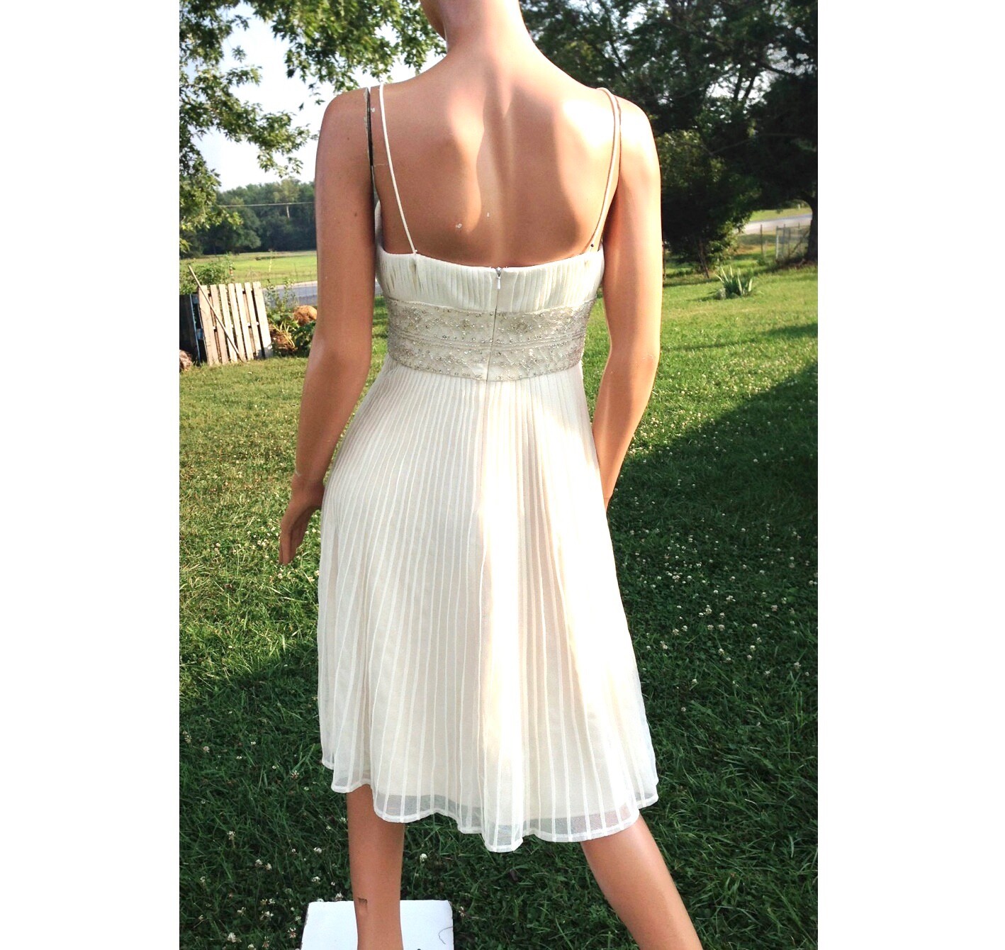 Women’s Ivory Beaded Empire Waist Perma-Pleat Fit & Flare Spag Strap Party Dress