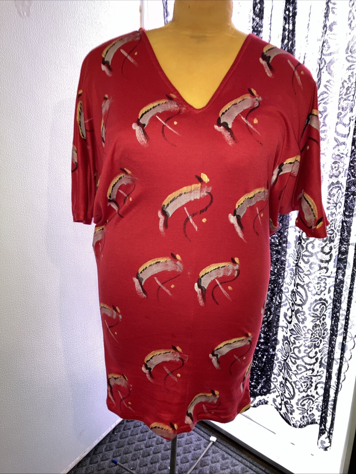 COSTUME Vintage 80s Red Batwing Dress Dolman Sleeve Drop Waist Pencil Skirt Size