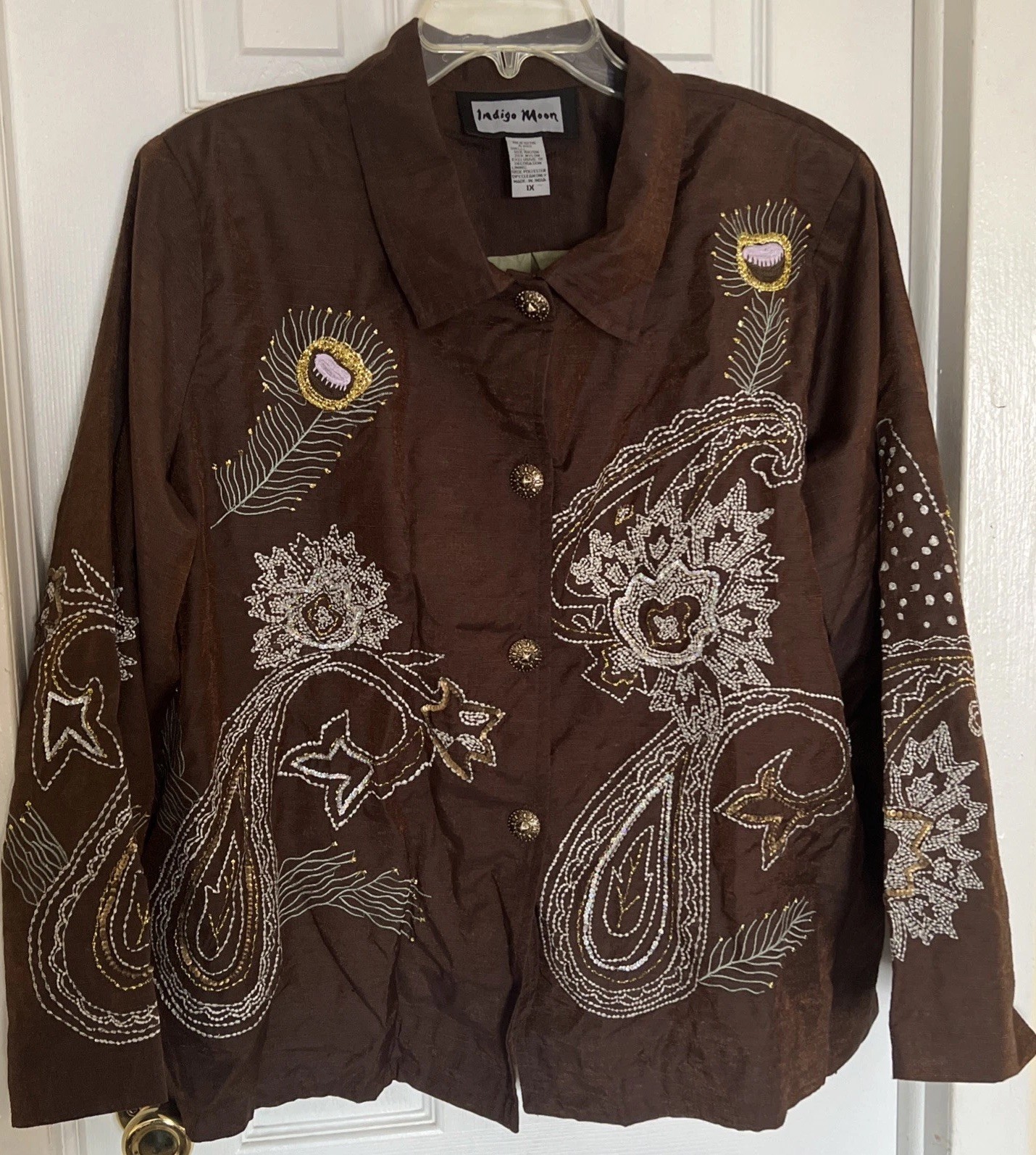 Indigo Moon Womens Blazer Size 1X Brown Button Front Beaded Embroidery Vintage