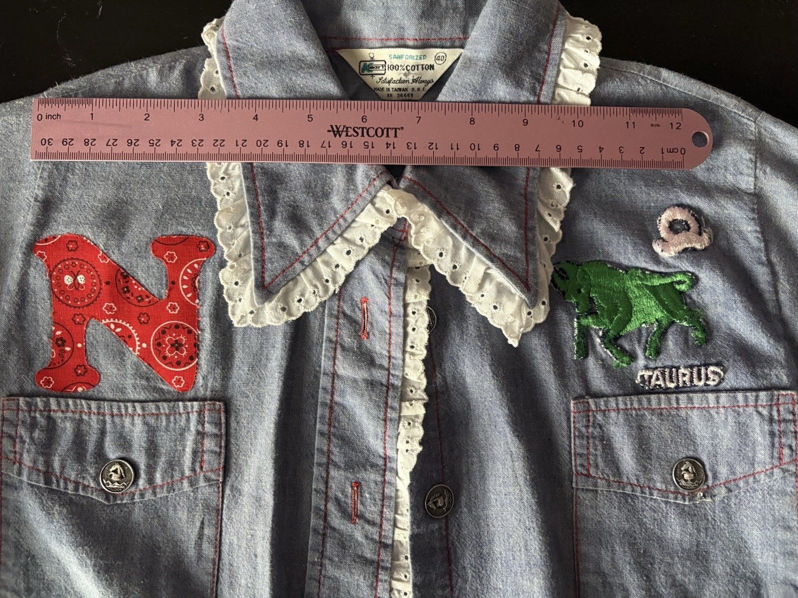 Vintage 1970s Denim Chambray Flower Butterfly “N” Taurus Shirt