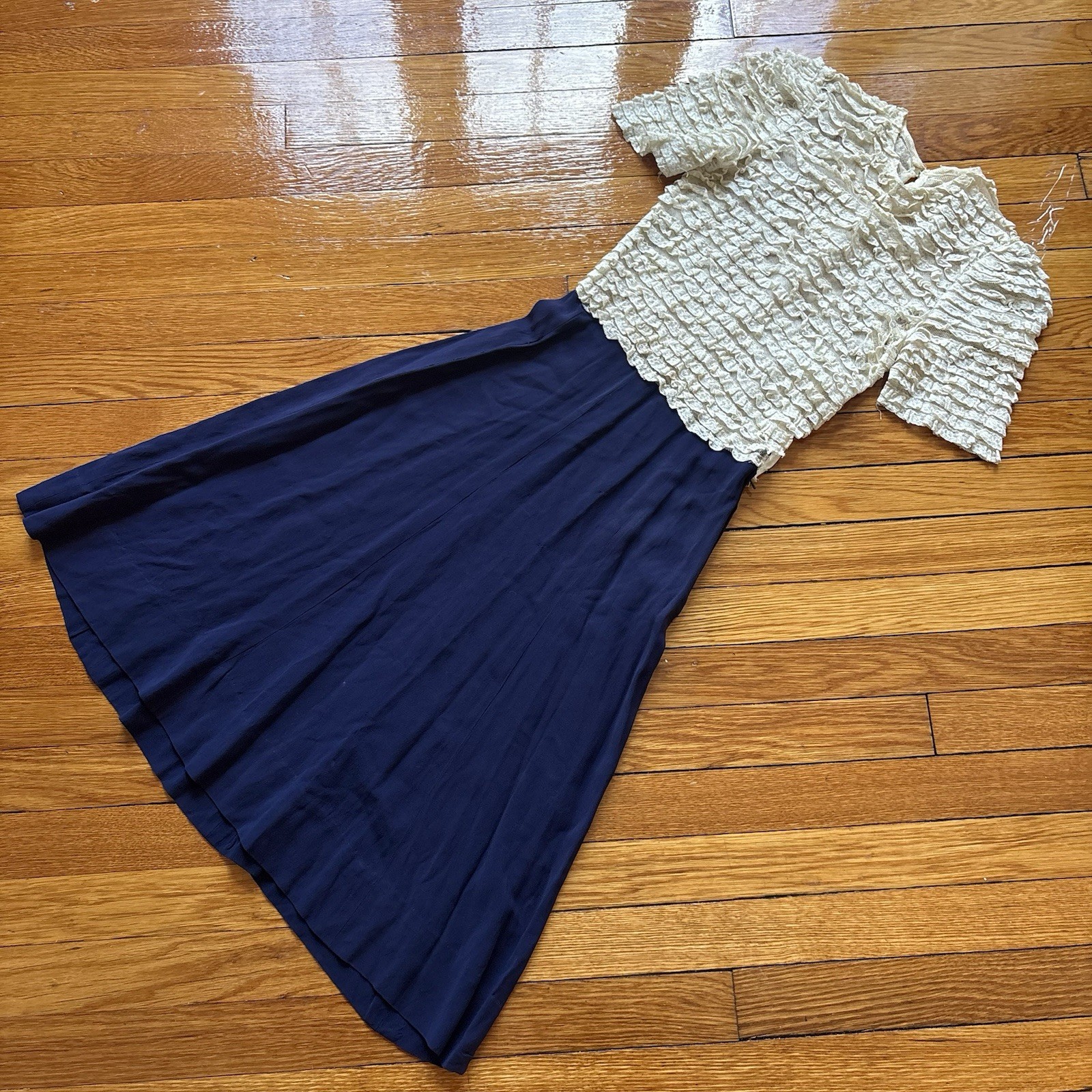 Vintage 1940s Homemade Ruffle Top Dress Rayon? As Is Blue And Cream