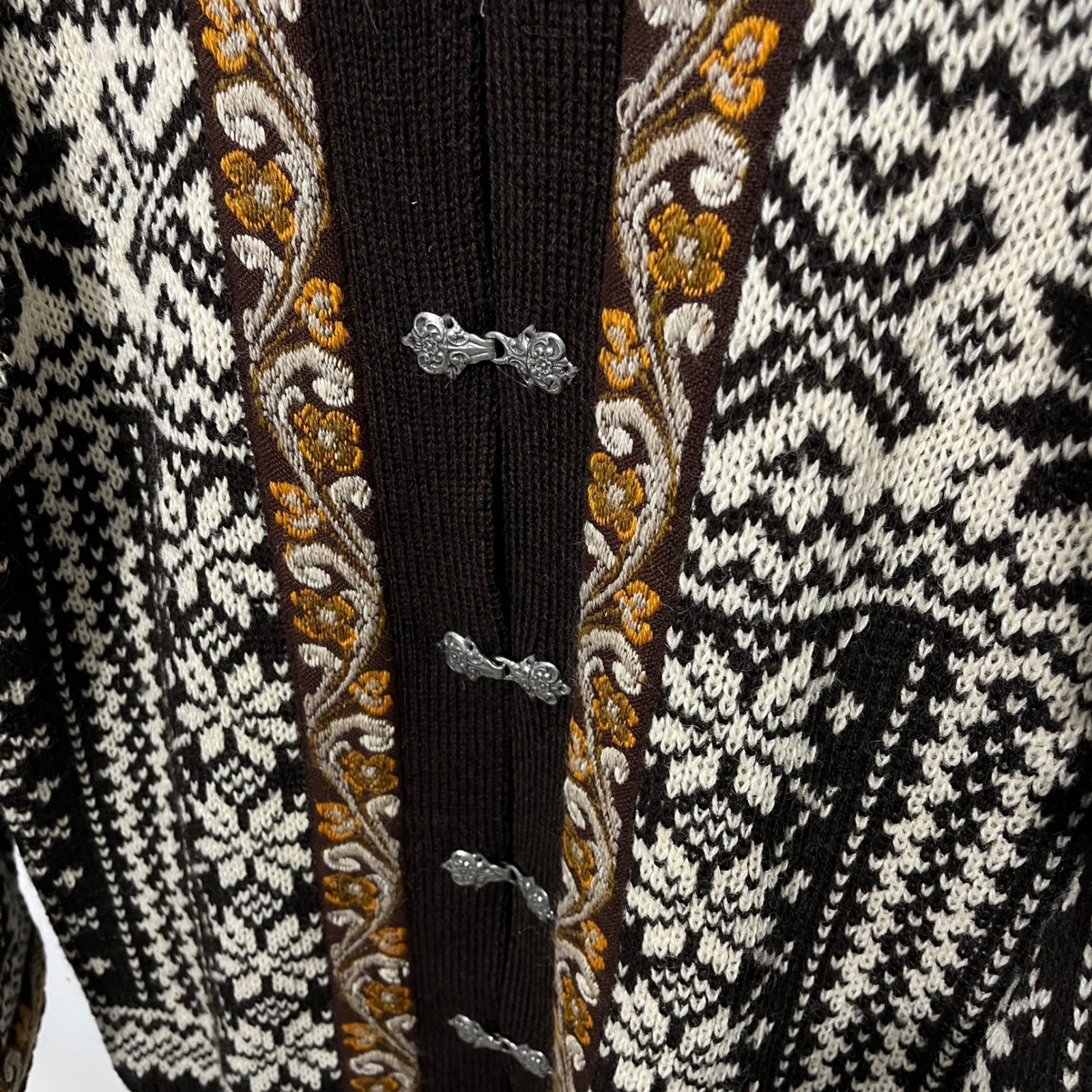 Evebofoss Cardigan Women L Brown Norwegian Wool Fair Isle Pewter Clasp Sweater