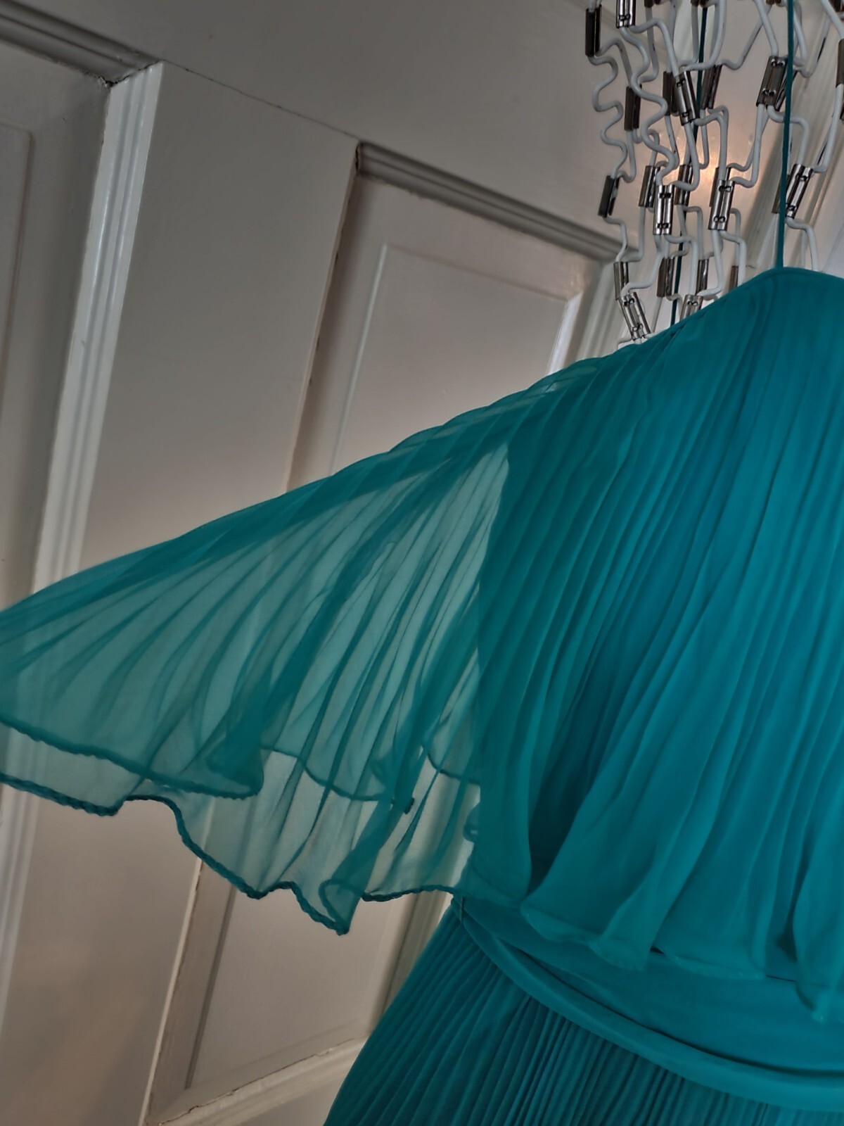 VTG 70s SHEER CHIFFON PLEATED DRESS GOWN Jade Green SIZE S/M Prom Wedding Formal
