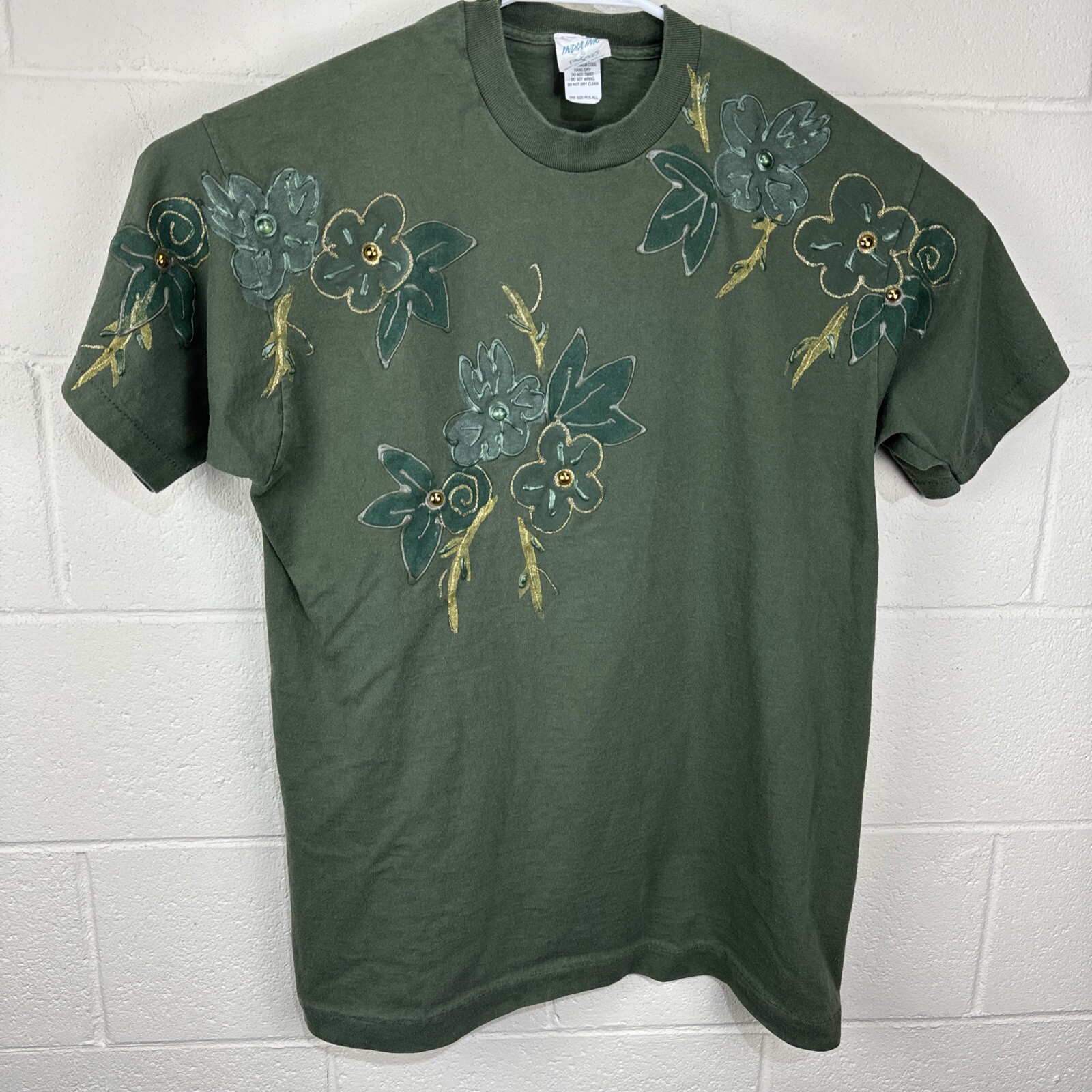 Vintage Indian Ink Women’s Floral T Shirt Floral Puff Paint OSFA XL/XXL Green