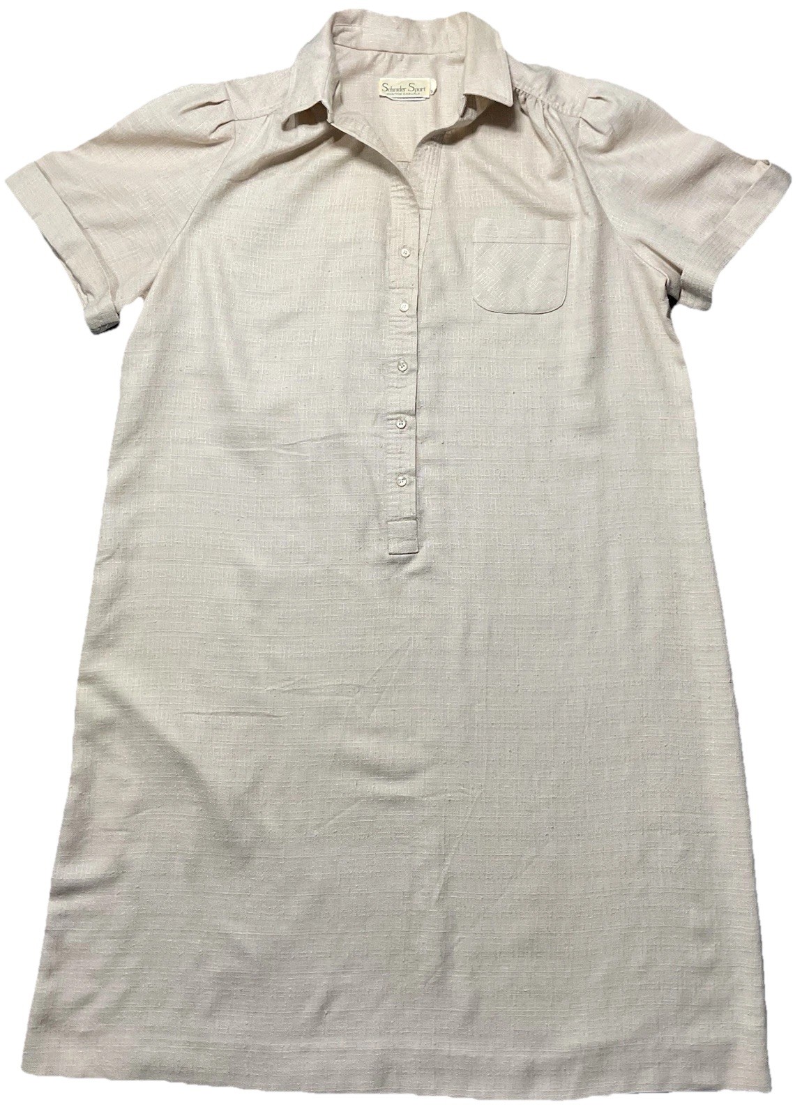 Vintage Linen 1980s Schrader Sport Beige Shirt Dress Minimalist Boho S 20 1/2
