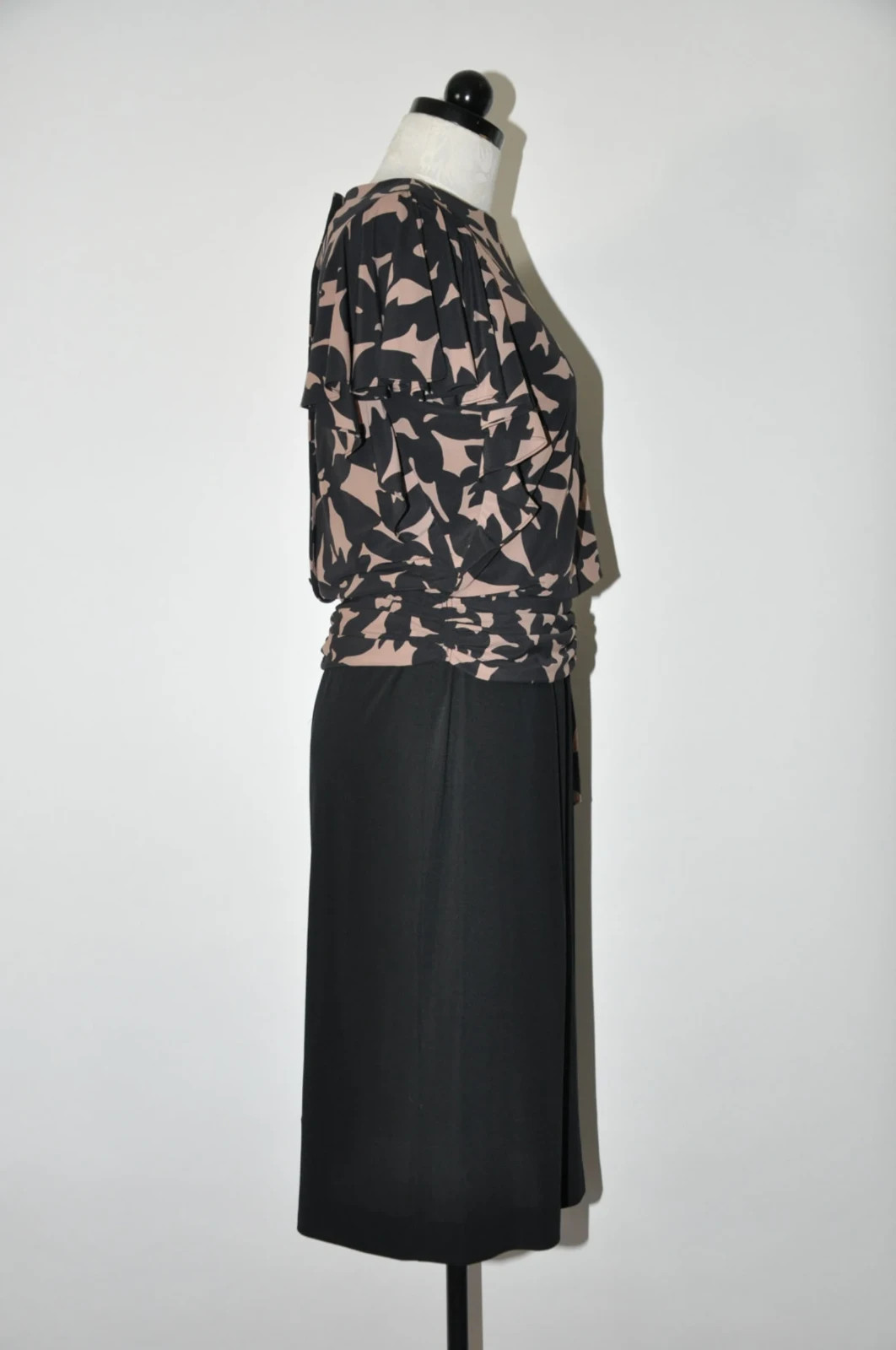 80s Vintage Black Beige Floral Print Back Buttons Draped Midi Dress Women S M