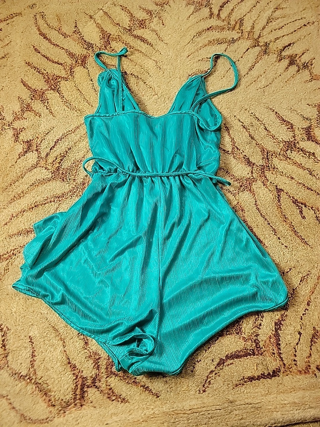 Vintage Flair Teddy One Piece Playsuit Romper Lace Ruffle Union Made Teal Small