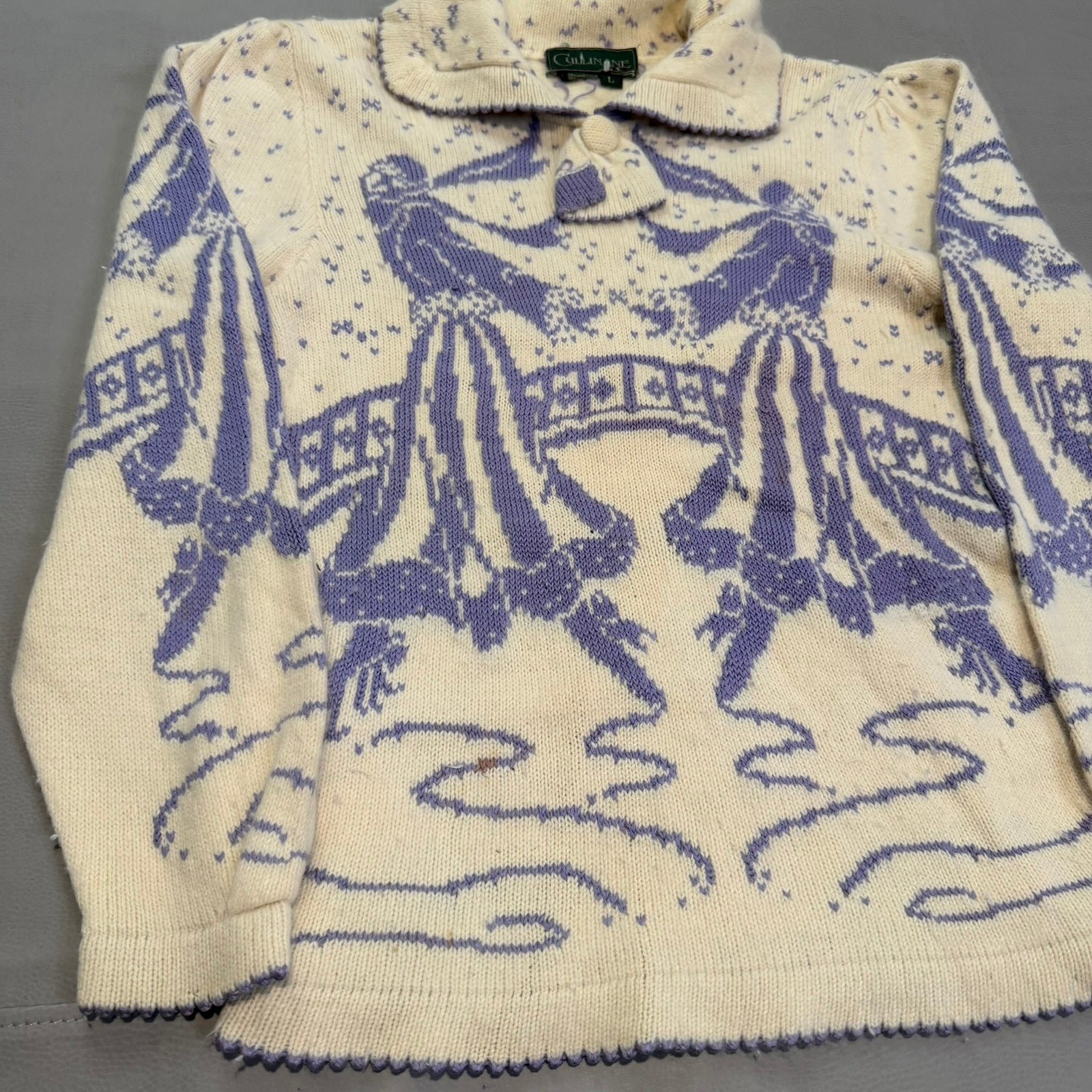 VTG Angora Lambswool Blend Sweater Ice Skate Y2K Cream Snow Fair Isle-L-4981