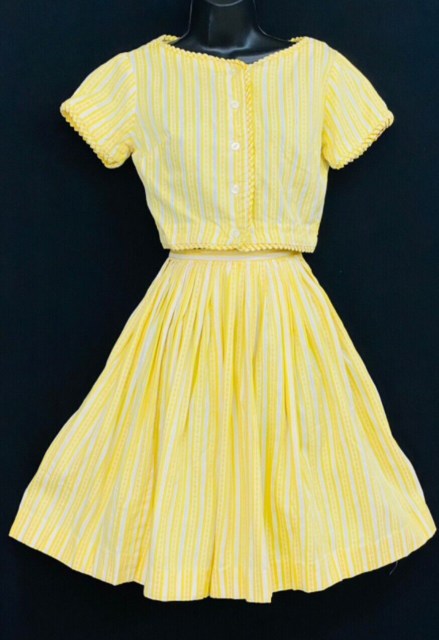 Vintage 1960s yellow dress set, white stripe cotton skirt crop top blouse XS