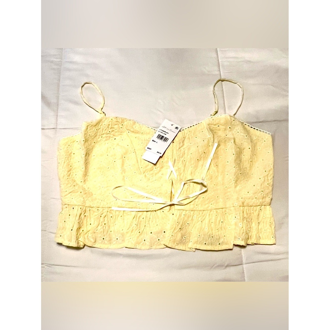 All in Favor Yellow Eyelet Lace-Up Peplum Cottagecore Cami Top-Size Large