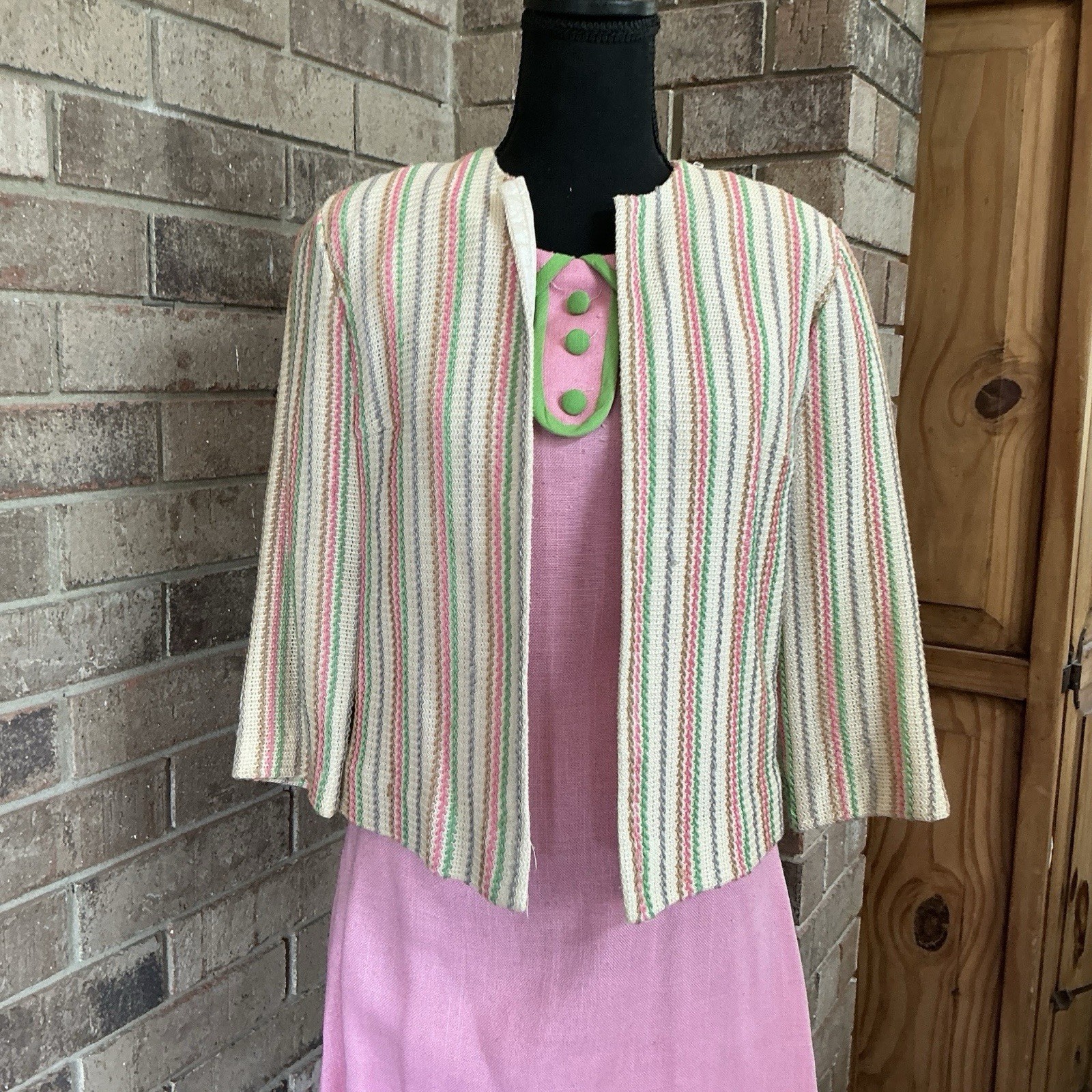 60s VTG Judy Wayne Pink Silk Viscose Dress Stripe Tweed Jacket Set Size 10 #39D7