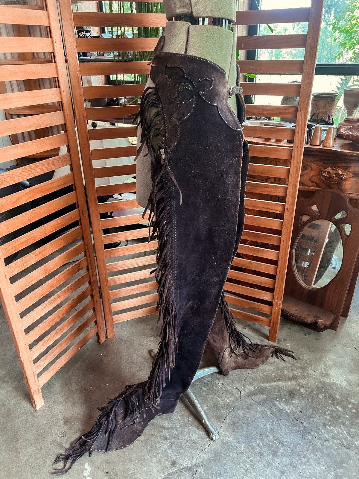 Vintage Handmade Plum Suede Chaps With Floral Detail and Brass Zippers