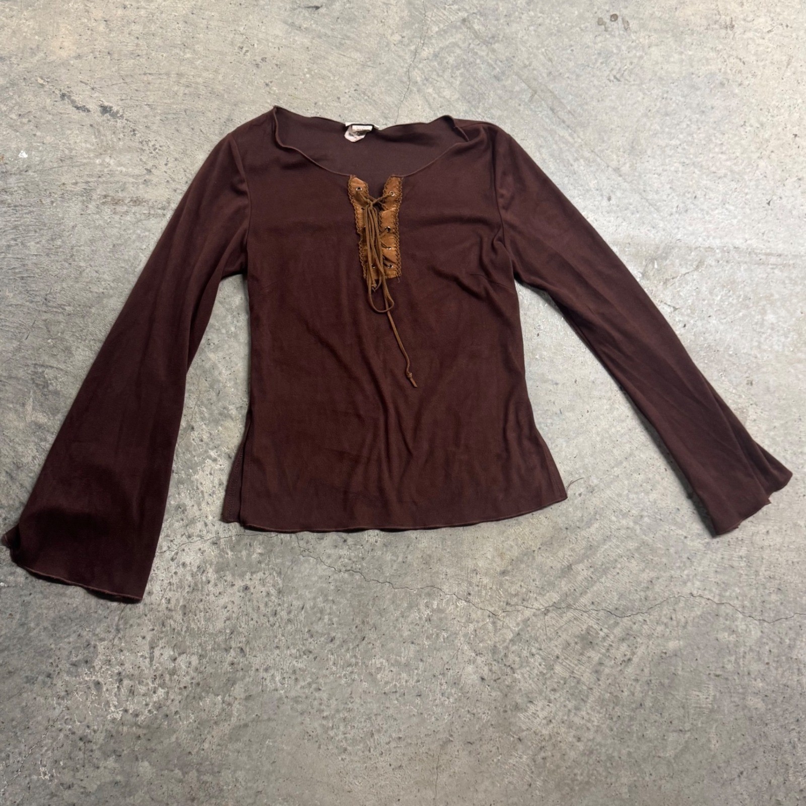 VTG Y2k Shades USA Women’s Brown Suede Bell Sleeve Lace Up Top S/M Western Indie