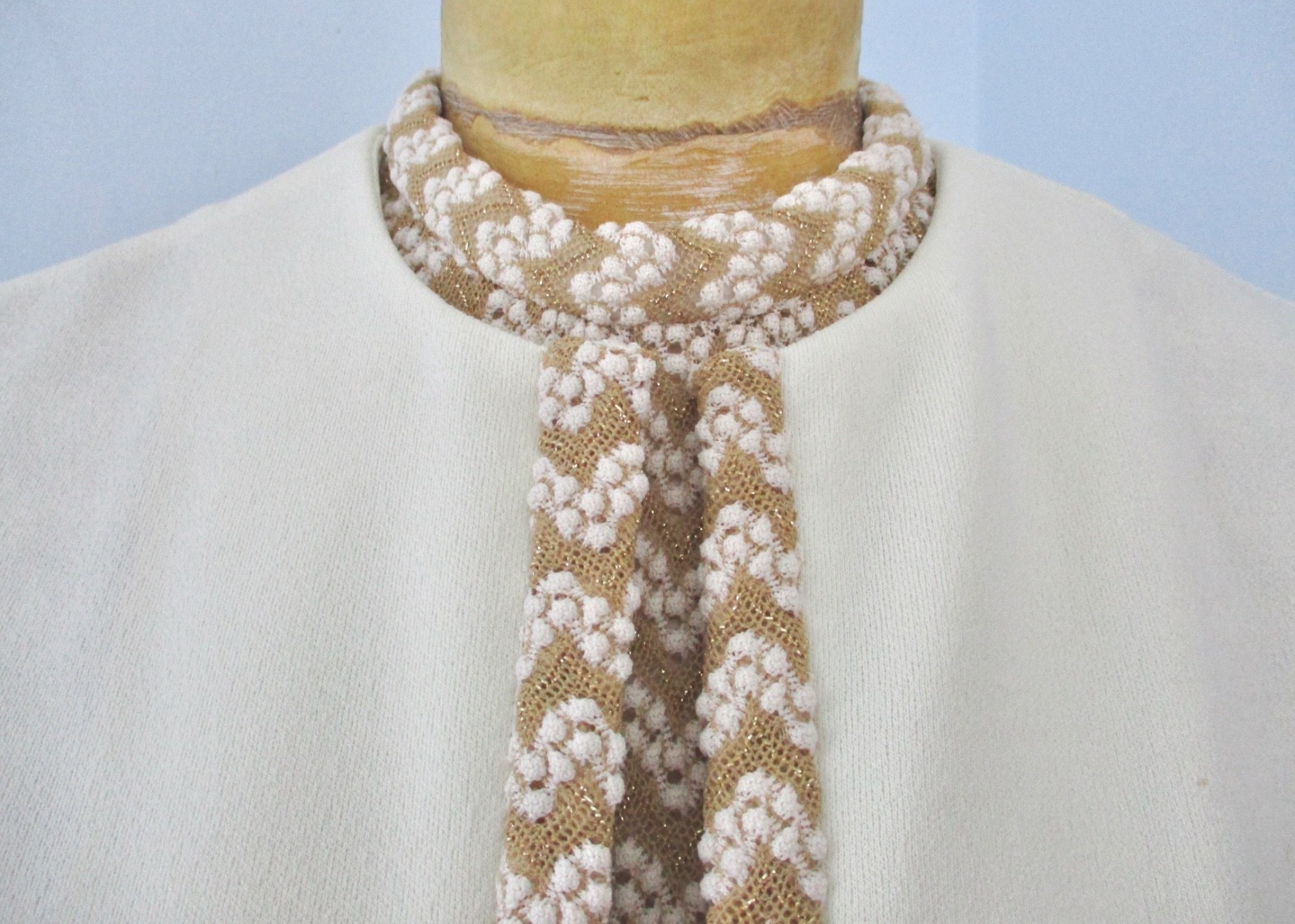 Vtg 60s 70s Cream Sparkly Gold ZigZag Knit 2-Pc Maxi Dress Gown Jacket Suit S/M