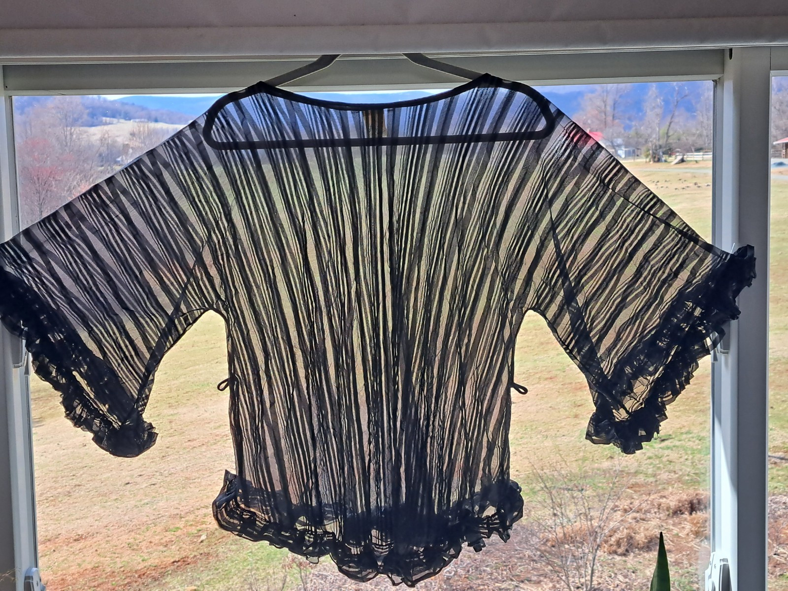 Vintage 1970s Black Sheer Stripe Pajama Set Sz S Shirley of Hollywood Ruffle