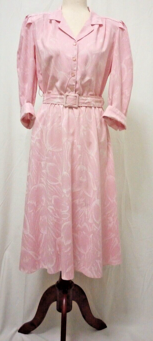 Vintage Stuart Alan Pink Floral Belted Sculptural Shirt Dress size 10 Petite